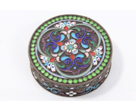 Imperial Russian silver and cloisonné enamel circular box with floral decoration and slip-on cover, post-1908 84 Standard mar