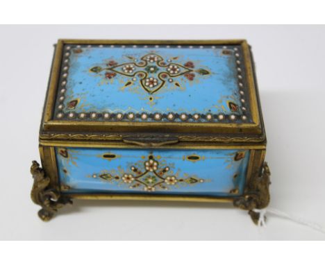 Late 19th / early 20th century Continental enamel and gilt metal casket of rectangular cushion form, raised on scrolled cabri