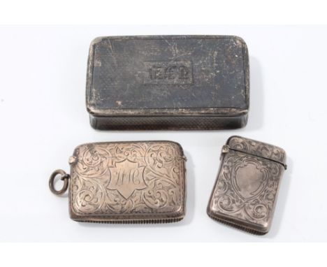 Victorian silver snuff box of rectangular form, with engine-turned decoration, hinged cover with engraved initials and silver