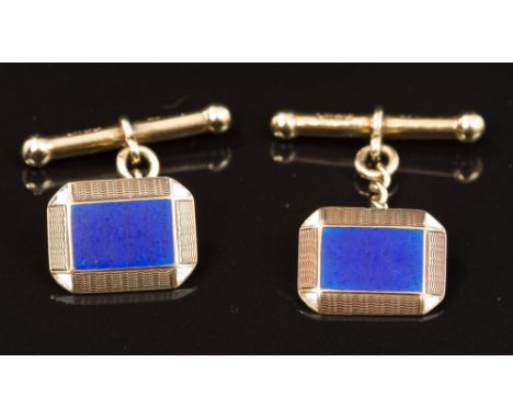 Pair Art Deco gold (9ct) and enamel cufflinks, the octagonal panels with blue and white enamel and engine-turned decoration (