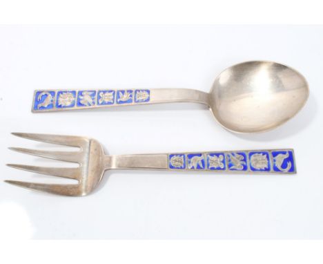 Pair Norwegian sterling silver and blue enamel salad servers with bird and floral motifs, marked - '925 Norway Sterling David