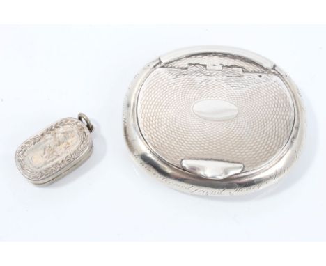 George III silver snuff box of oval form, with engine-turned decoration, engraved inscription and hinged cover (London 1802),