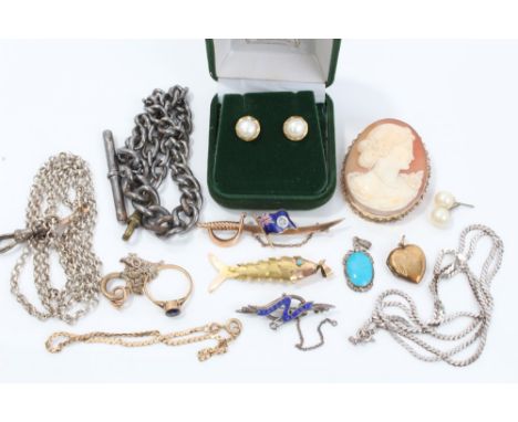 Victorian gold and enamel 'sword' brooch (Chester 1899), articulated yellow metal fish, gold (9ct) bracelet, cameo brooch and