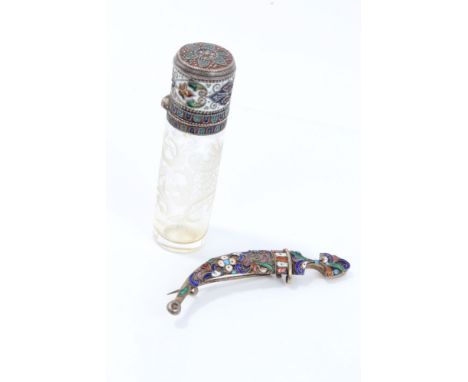 Imperial Russian silver and cloisonné enamel-topped scent flask with cut glass body, together with a Russian silver and clois