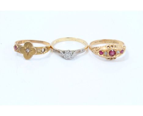 Three gold and gem set rings - to include ruby and diamond five stone ring in gold (18ct) setting (Birmingham 1917).  Ring si