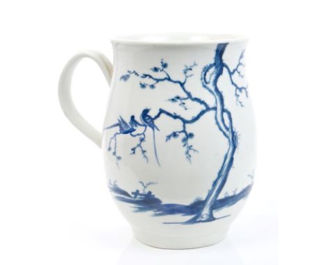 Large 18th century Worcester blue and white baluster mug painted with 'Walk in the Garden' pattern, with loop handle - decora