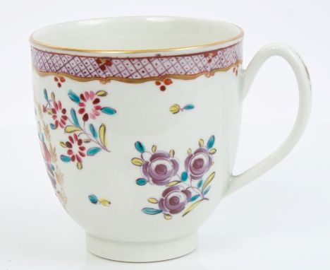 18th century Worcester polychrome coffee cup painted with floral sprays with puce and gilt hatched border
