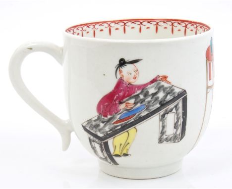 Large 18th century Worcester coffee cup with polychrome painted Chinese figures, circa 1770, 6.5cm high