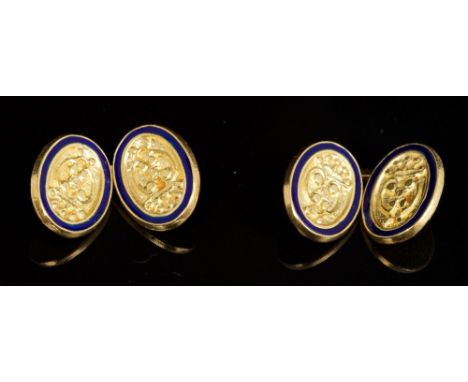 Pair Italian gold and blue enamel cufflinks, the oval panels with crown and shield motifs within a blue enamel border, stampe