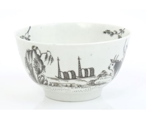 18th century Worcester en grisaille decorated tea bowl painted with Chinaman on oxen's back, in a landscape   CONDITION REPOR