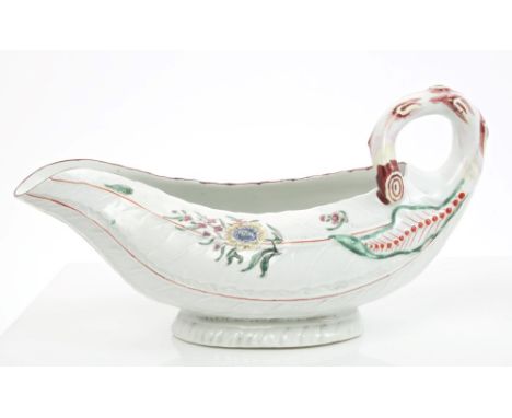 Mid-18th century Worcester moulded cabbage leaf sauce boat with stalk handle and polychrome painted floral sprays, 23cm