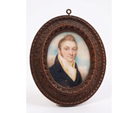 Circle of Richard Cosway (1742 - 1821), miniature watercolour on ivory - quarter-length portrait of a gentleman wearing blue 