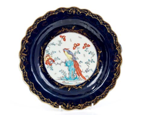 18th century Worcester Sir Joshua Reynolds pattern plate with hoho bird decoration and blue and gilt border, Chinese seal mar