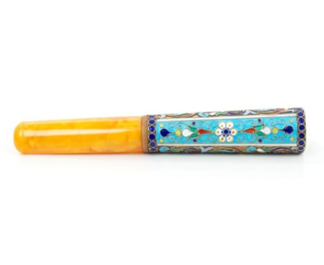 Imperial Russian silver gilt and cloisonné enamel cigar-holder with floral scroll decoration and amber stem, unmarked, 11.5cm