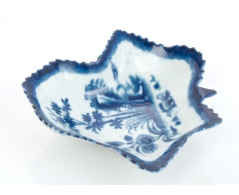 Scarce 18th century Worcester blue and white leaf-shaped pickle dish printed with the Billboard pattern and with moulded vein