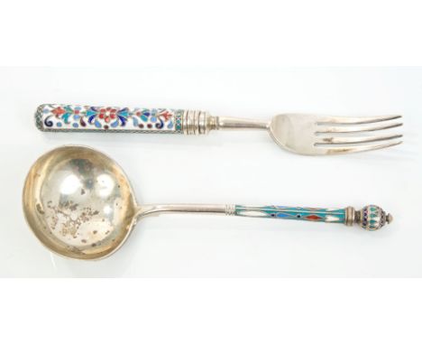 Imperial Russian silver and cloisonné enamel fork with floral decoration, Moscow 84 Standard mark, pre-1908, together with a 
