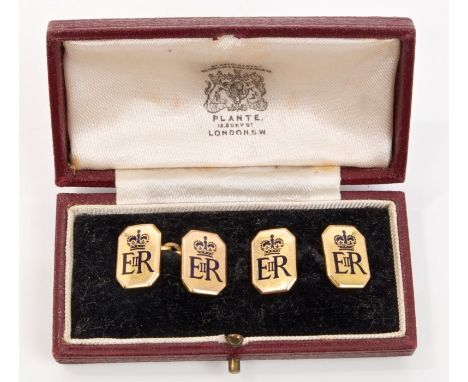 HM Queen Elizabeth II - pair fine gold (9ct) and enamel Royal Presentation cufflinks of octagonal form, with blue enamel crow