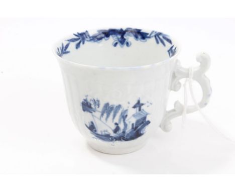 Mid-18th century Worcester blue and white coffee cup with moulded cartouches in the  Fisherman & Willow Pavilion Pattern, 5.2