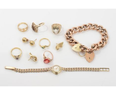 Group of gold and yellow metal jewellery - to include six dress rings, Edwardian curb link bracelet, ladies' gold (9ct) wrist