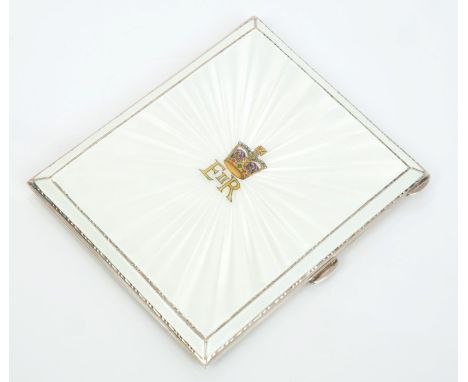 The Coronation of HM Queen Elizabeth II 1953 - fine silver and guilloche enamel cigarette case with polychrome crowned ERII R