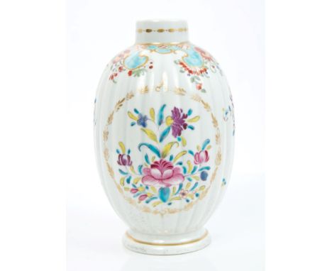 Mid-18th century Worcester fluted oviform tea caddy with polychrome floral sprays and gilt garlands with turquoise, gilt and 