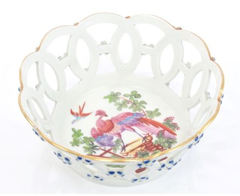 18th century Worcester pierced round basket, the interior decorated in the London atelier of James Giles with exotic birds, t