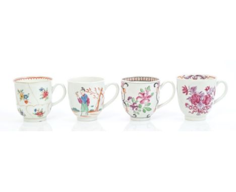 18th century Worcester polychrome coffee cup with gilt segmented and polychrome painted decoration and three other Worcester 