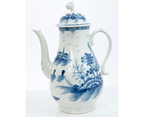 18th century Worcester blue and white coffee pot and cover with floral knop, painted Chinese landscape decoration - blue cres