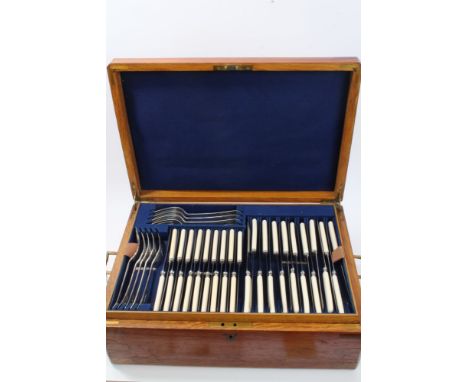 Victorian silver canteen of Old English pattern cutlery with engraved initial F - comprising eighteen dinner forks, eighteen 