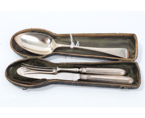 George III silver-handled knife and fork and associated spoon in a fitted case (All London 1794, different makers) (3)