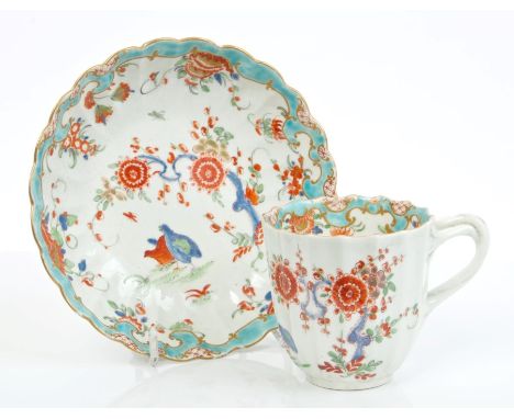 Mid-18th century Worcester fluted coffee cup and saucer with polychrome Kakiemon palette 'two quail' pattern decoration and p