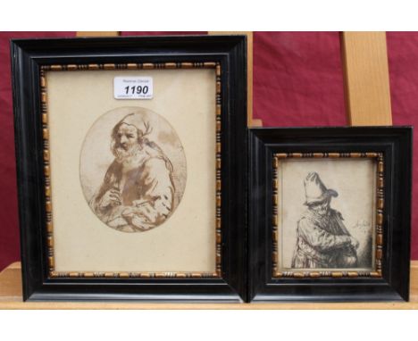 17th century Continental School pen and ink portrait of a bearded man, indistinctly signed, 13cm x 11cm, together with an ant
