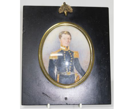 English School (mid-19th century), watercolour on ivory - half-length portrait of a Naval Officer in formal attire, oval, 10c