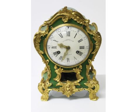 Late 19th century French ormolu mounted and green painted mantel clock, white painted dial, signed - Gaquerelle, Paris, with 