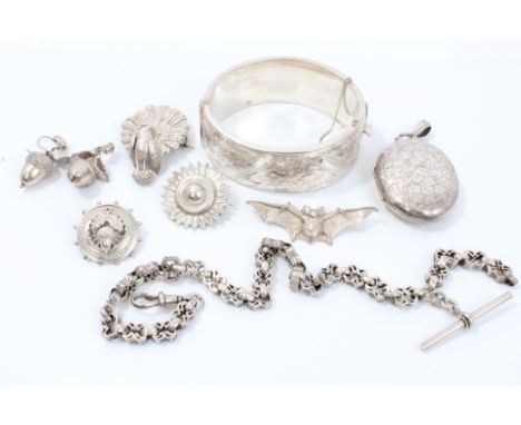 Group of Victorian and later silver and white metal jewellery - to include Victorian locket, earrings, brooches, bangle and w
