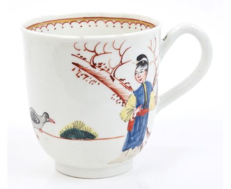 18th century Worcester coffee cup with polychrome painted Chinese figure and duck decoration, circa 1770