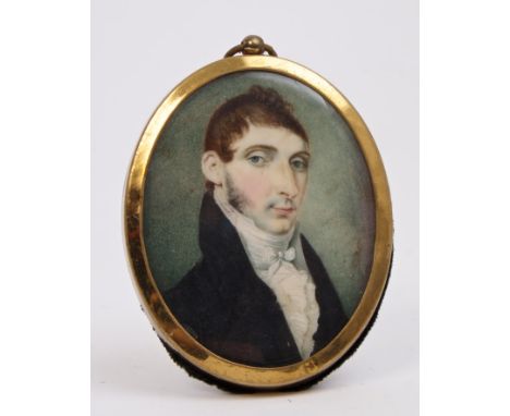Circle of George Engleheart (1752 - 1829), miniature portrait of a gentleman in black coat and white cravat, oval, 6cm x 4.5c
