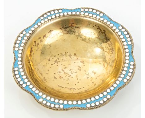 Russian Soviet period silver gilt and cloisonné enamel dish of petal form, on a circular foot, 8.5cm diameter
