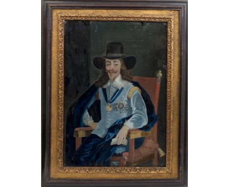 Antique reverse painting on glass in an ebonised frame with gilt slip - portrait of Charles I at his trial, 36cm x 26cm   CON