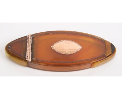 Georgian blond tortoiseshell navette-shaped snuff box with gold escutcheon and mounts, 10cm