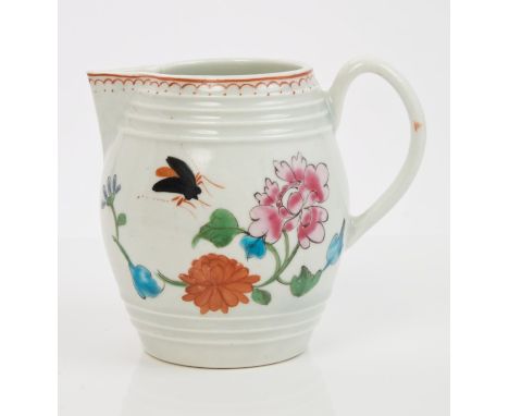 Mid-18th century Worcester polychrome barrel-shaped cream jug with sparrow beak spout, ribbed body with painted insect and fl