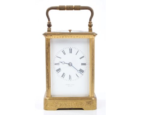 Good quality 19th century repeating carriage clock, the white enamel dial signed - P. Orr & Sons, Madras, in floral engraved 