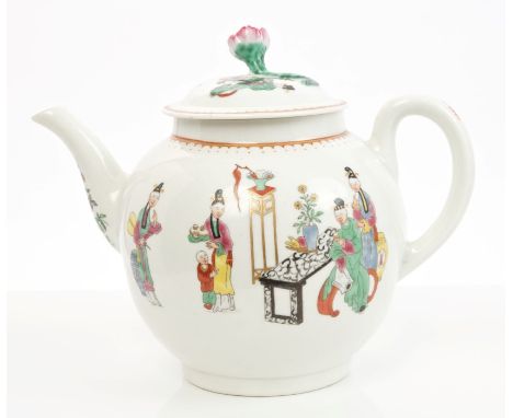 Mid-18th century Worcester polychrome teapot and cover with applied flower knop, printed Chinese tea party decoration, circa 