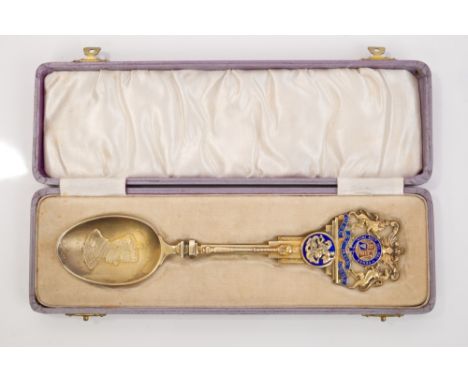 The Coronation of King Edward VIII 1937 - fine and large silver gilt and enamel commemorative spoon, decorated with Royal Arm