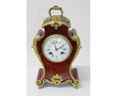 Early 20th century French mantel clock, faux tortoiseshell and gilt metal case, white enamel segmented dial with Roman and Ar