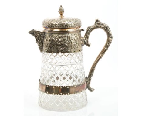 Late Victorian cut glass lemonade / claret jug with silver plated mounts, bacchanalian mask spout and fruiting vine decoratio