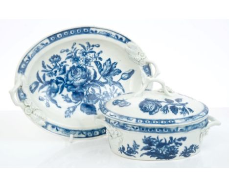 18th century Worcester blue and white small oval tureen and cover and stand, with stalk and flower-head handles, printed rose