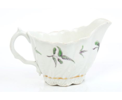 18th century Worcester cream jug with moulded leaf and fluted decoration and painted floral sprays, 12cm