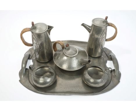 Good and extensive Archibald Knox for Liberty's Art Nouveau pewter tea and coffee service - comprising five pieces on matchin