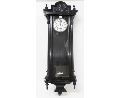 Late 19th century Vienna regulator wall clock with white enamel dial, two brass cylindrical weights and pendulum, in glazed e